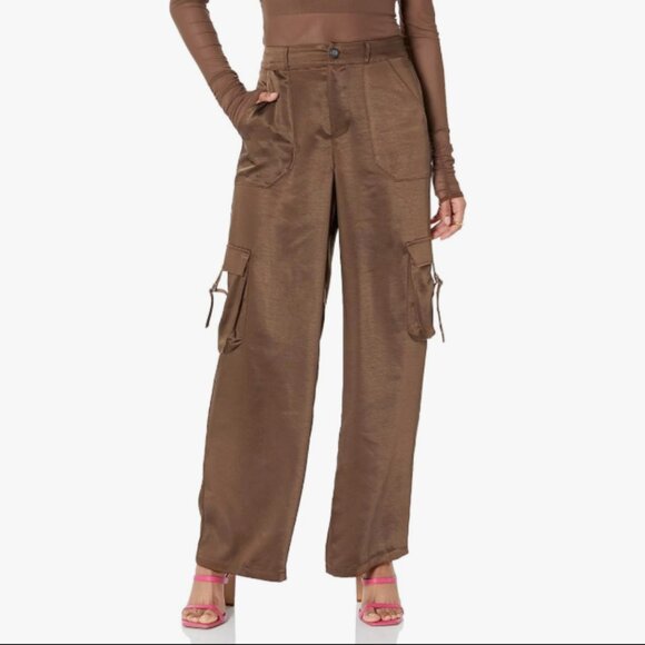 The Drop, Women's Chocolate Brown Satin Cargo Pants Size XL, NWT - Picture 2 of 9